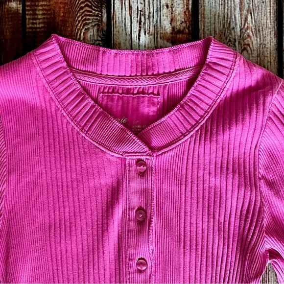 Aerie Road Trip Pink Ribbed Long Sleeve Henley Top - Picture 2 of 6